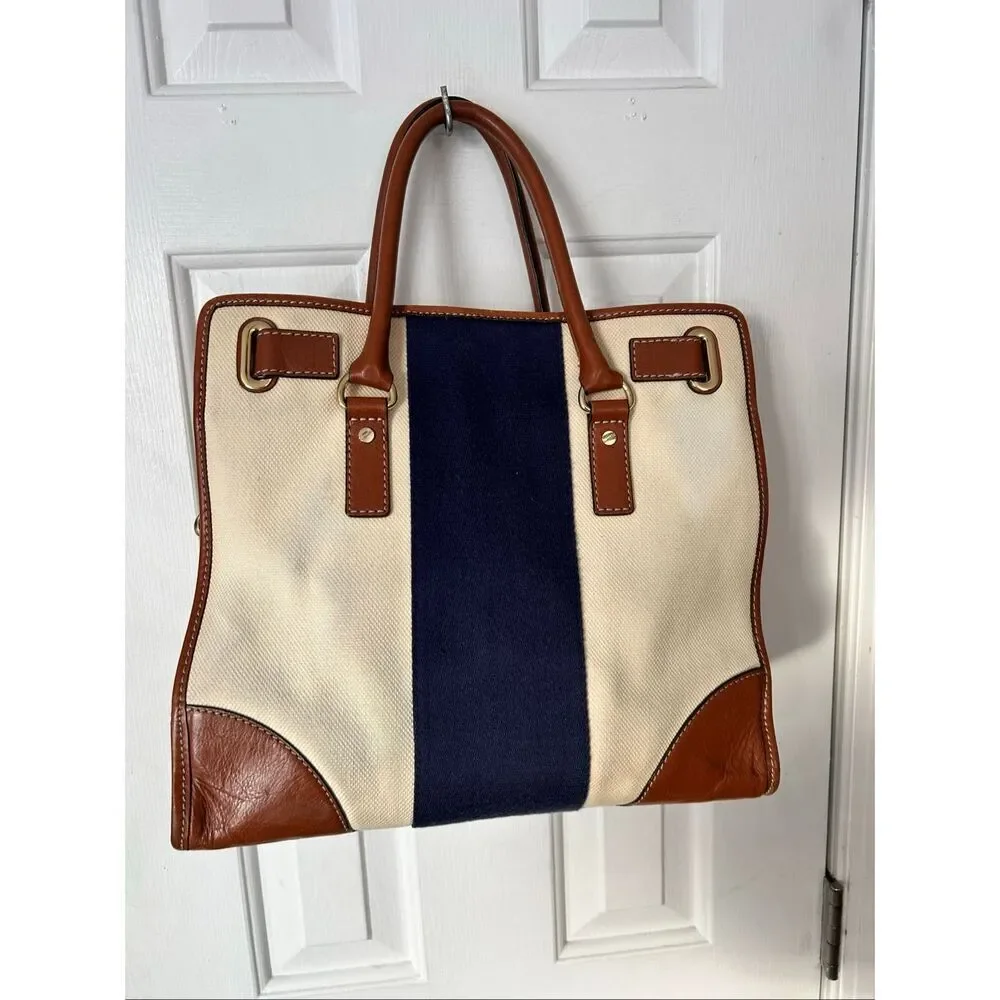 Michael Kors Hamilton East West Mono Stripe Canvas/Leather Nautical Satchel bag